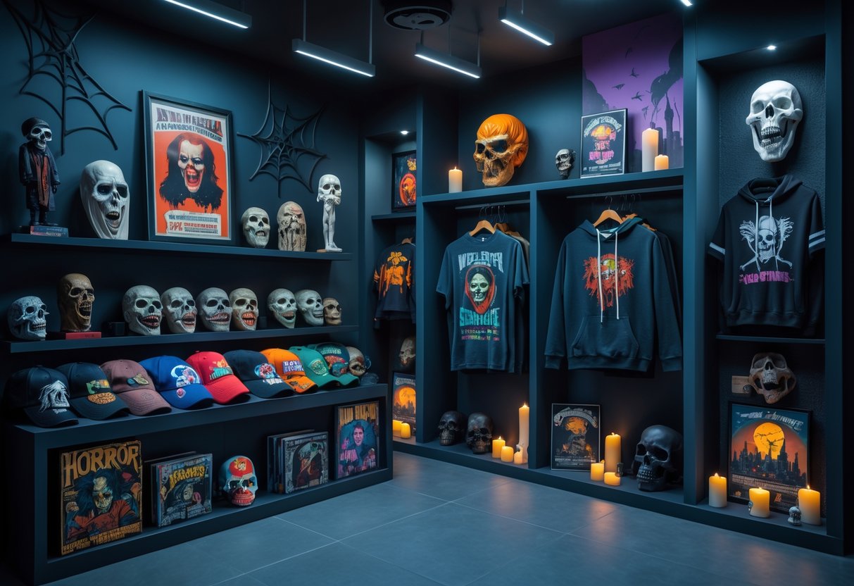 A display of various horror merchandise including figurines, masks, posters, vinyl records, and apparel arranged on shelves in a retail setting with dark, moody decorations.