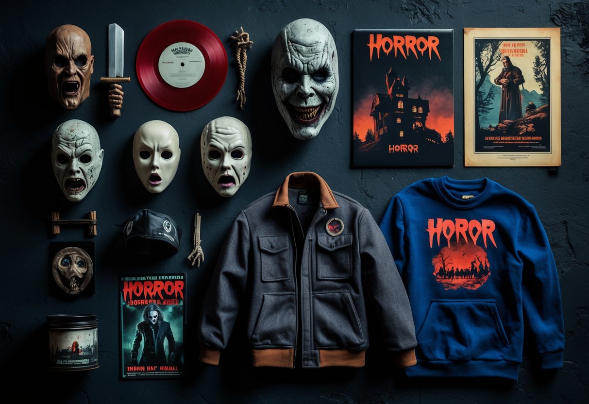 A flat lay of various horror merchandise including action figures, masks, vinyl records, posters, and apparel arranged on a dark surface.