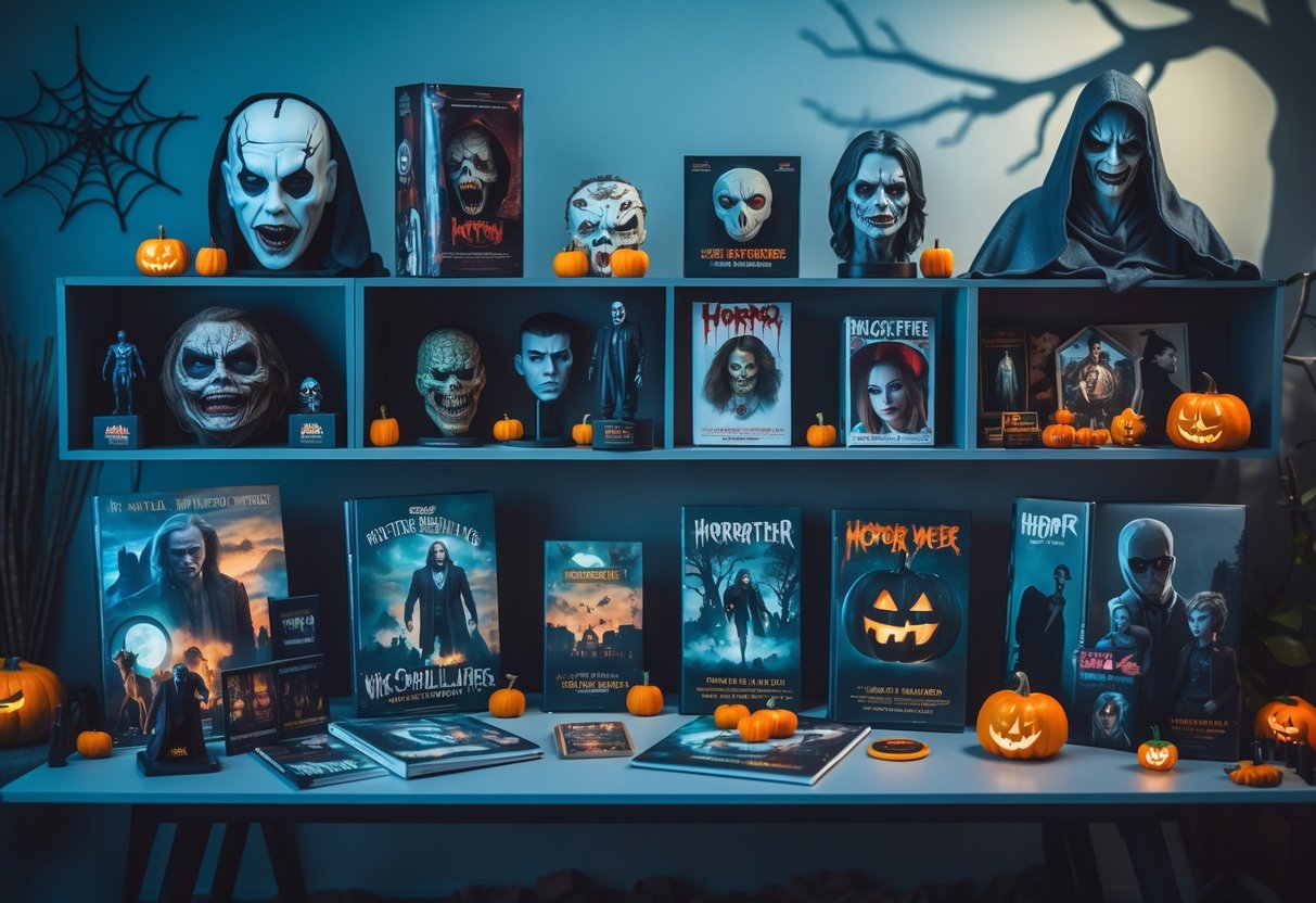 A display of various horror-themed collectible items including action figures, masks, and graphic novels arranged on shelves and a table with soft, moody lighting.