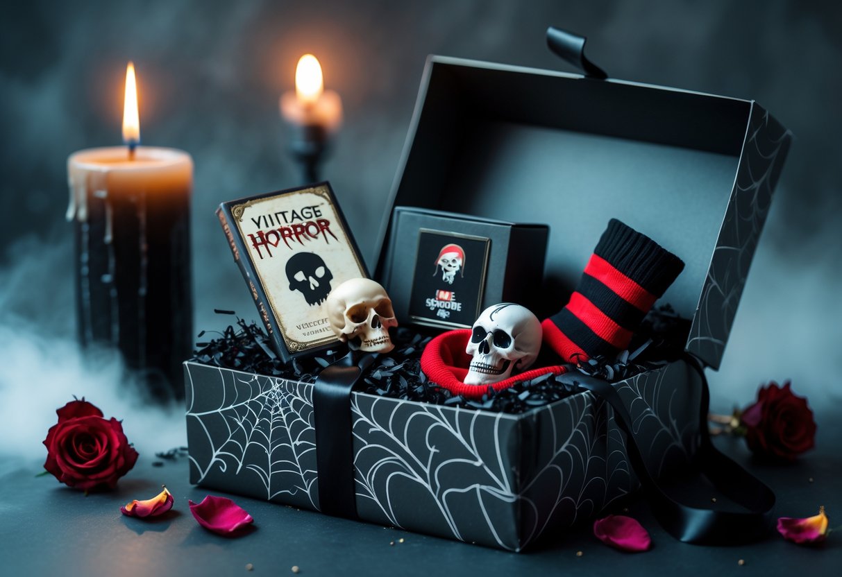 An open gift box filled with horror-themed items like a small book, skull figurine, candle, and striped socks, set on a dark surface with moody lighting.