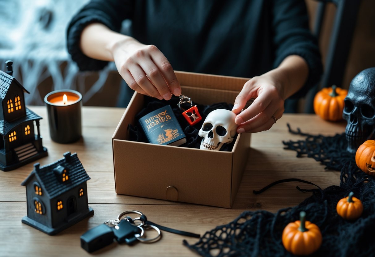 Hands arranging horror-themed items like a haunted house replica and a skull keychain inside an open gift box on a wooden table.