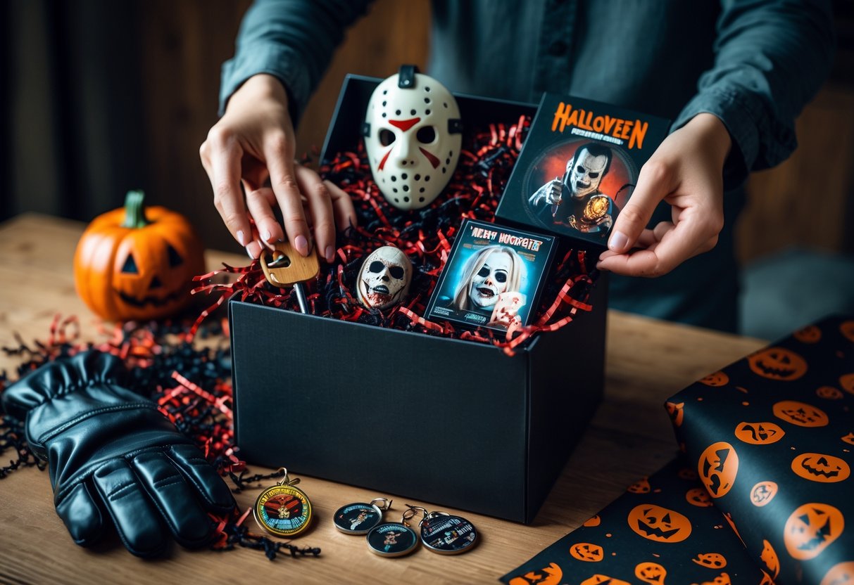 Hands assembling a gift box filled with horror movie memorabilia on a wooden table.