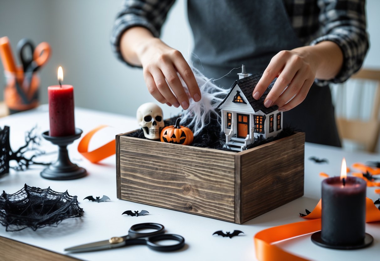 Hands assembling a themed gift box with horror-related items on a crafting table.
