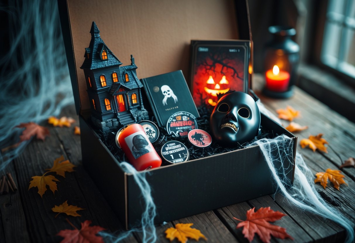 An open gift box filled with horror-themed items like a haunted house figurine, horror movie DVD, pins, a black candle, and a vintage mask on a wooden table with spider webs and autumn leaves around it.