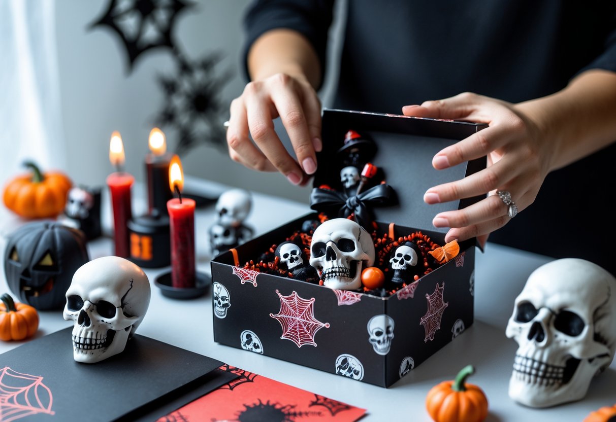 Hands assembling a horror-themed gift box with spooky items on a table.