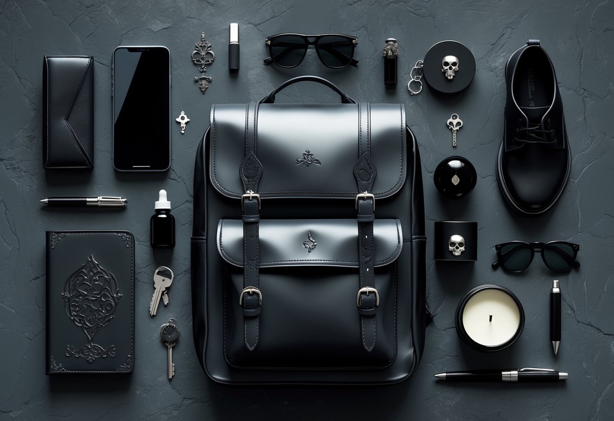 A flat lay of everyday personal items including a black backpack, wallet, smartphone, perfume vial, compact mirror, keys with a skull keychain, notebook, pen, sunglasses, candle, and silver jewelry arranged on a dark textured surface.
