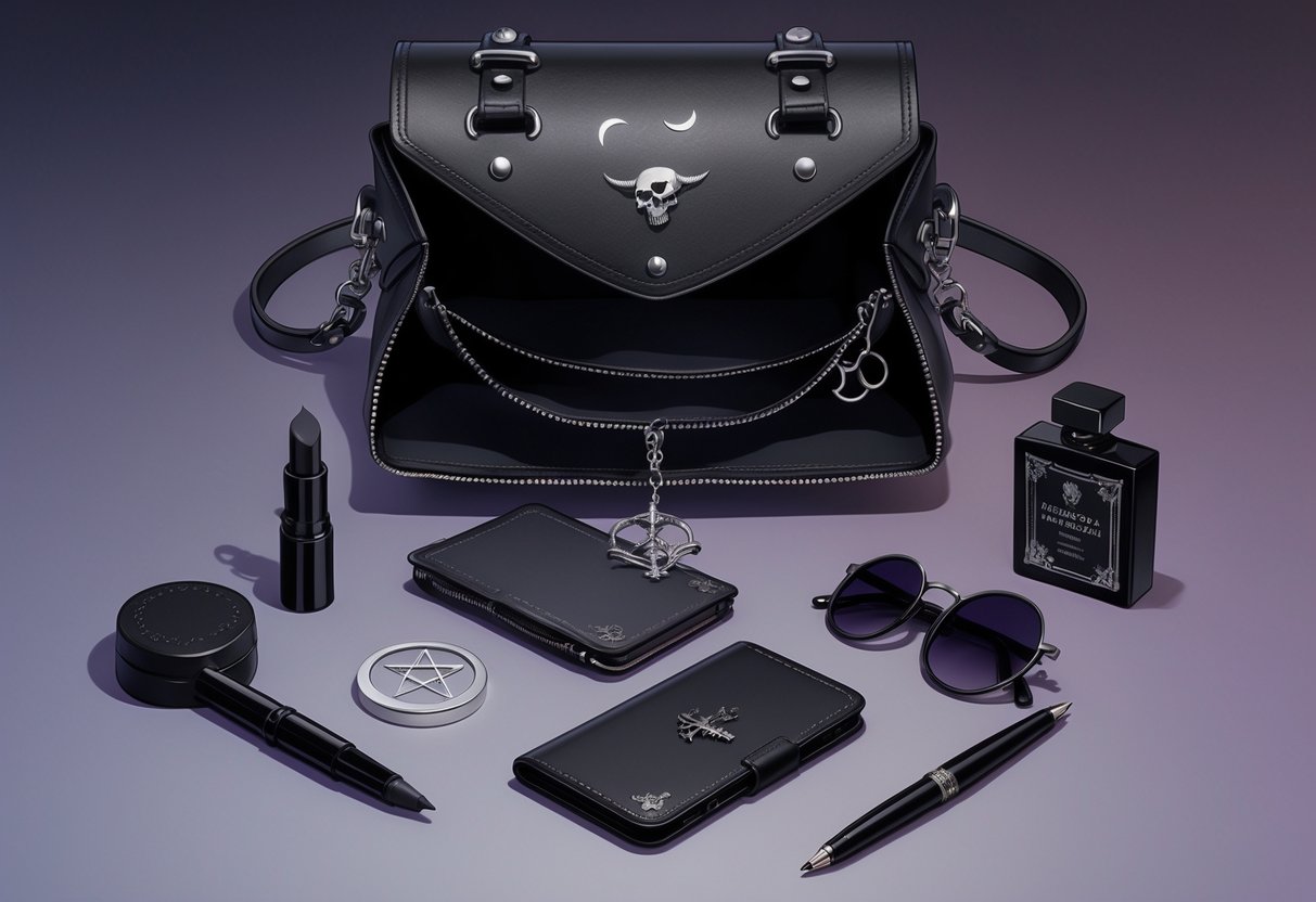 An open black goth-style bag with everyday essentials including lipstick, compact mirror, notebook, pen, sunglasses, necklace, wallet, perfume bottle, and smartphone arranged neatly on a dark surface.