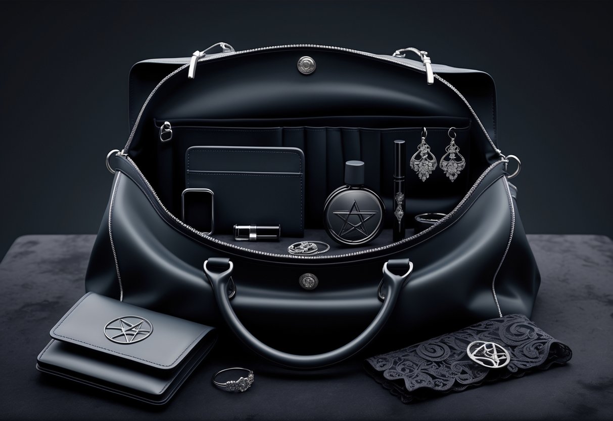 An open black handbag on a dark surface showing neatly arranged everyday items including a wallet, smartphone, compact mirror, perfume vial, makeup pencils, jewelry, a handkerchief, and a notebook.