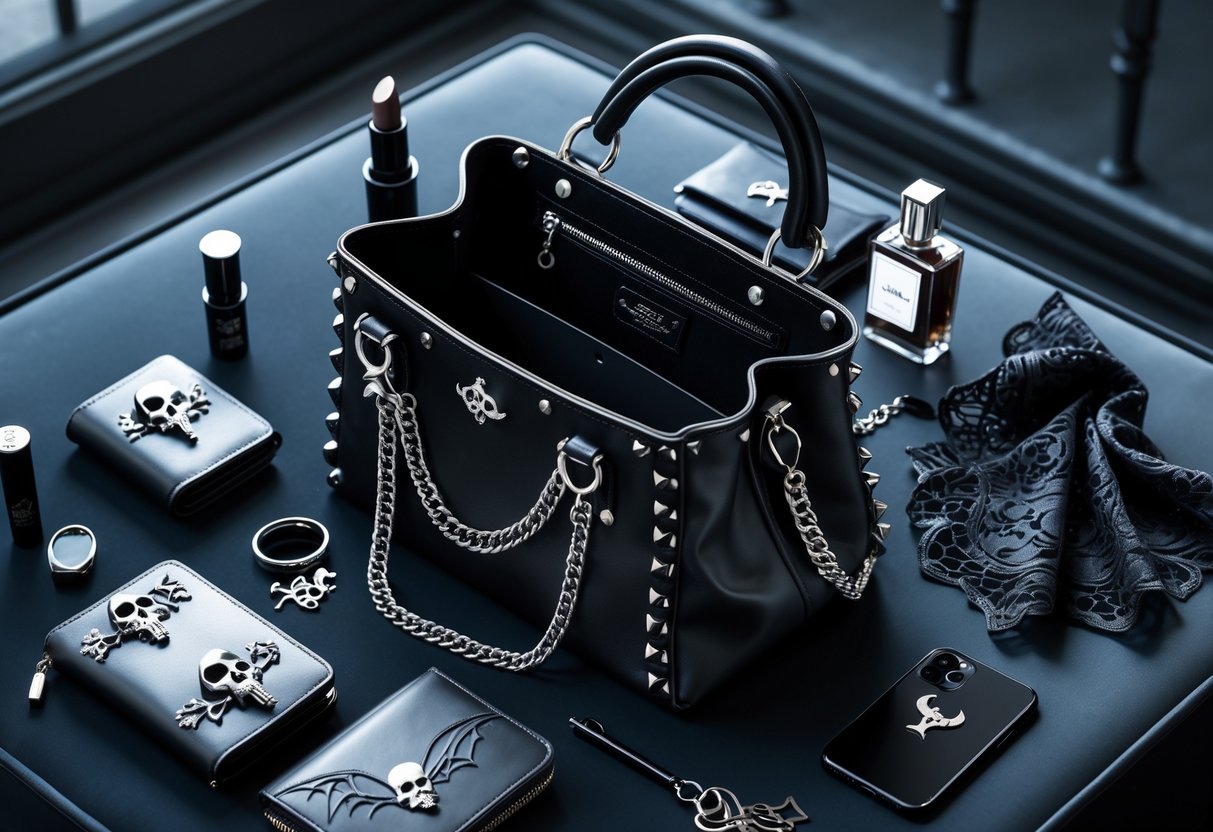 An open black goth handbag with everyday items like a wallet, compact mirror, perfume, lipstick, ring, keys, handkerchief, and smartphone arranged neatly on a dark surface.