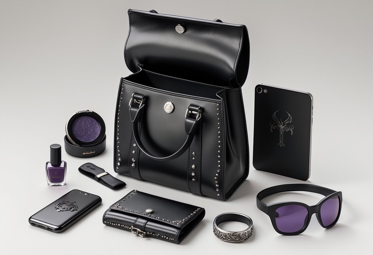 An open black leather bag surrounded by everyday items including a wallet, smartphone, nail polish, compact mirror, notebook, headphones, ring, and sunglasses, all with a dark and stylish appearance.