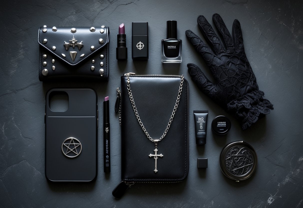 A neatly arranged collection of everyday items including a black wallet, smartphone case, lipstick, notebook, necklace, nail polish, compact mirror, and gloves on a dark surface.