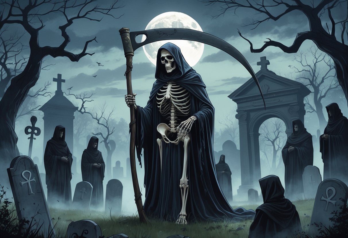 A cloaked skeletal figure holding a scythe stands in a misty graveyard surrounded by tombstones and leafless trees, with historical figures and symbols representing the evolution of the Grim Reaper.