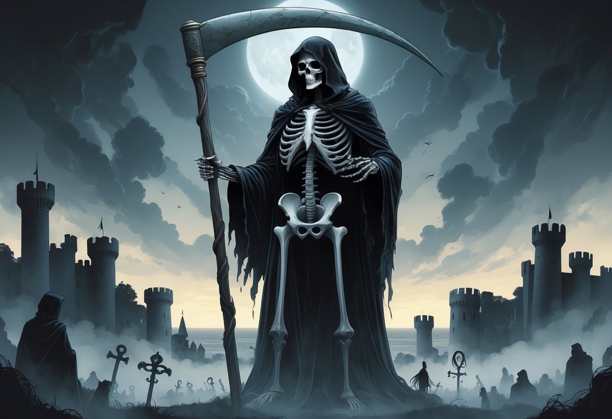 A cloaked skeleton holding a scythe stands surrounded by historical symbols and ghostly figures, with a dark sky fading into a glowing horizon.