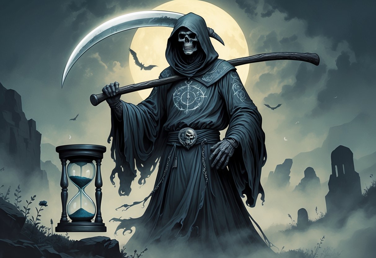A robed figure holding a large scythe stands surrounded by symbols of time and spirits in a misty twilight setting.