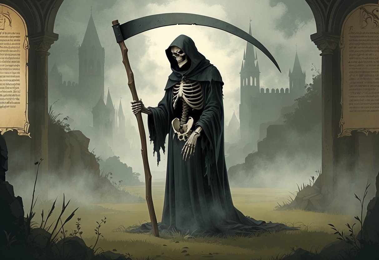 A cloaked skeletal figure holding a scythe stands in a misty medieval landscape with faint images of ancient manuscripts in the background.