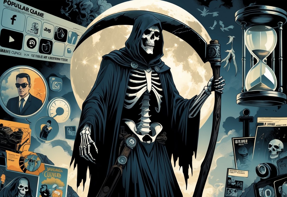 A cloaked skeletal figure holding a scythe stands surrounded by symbols of modern culture like social media icons, film reels, and video game imagery, with hourglasses and clocks in the background.