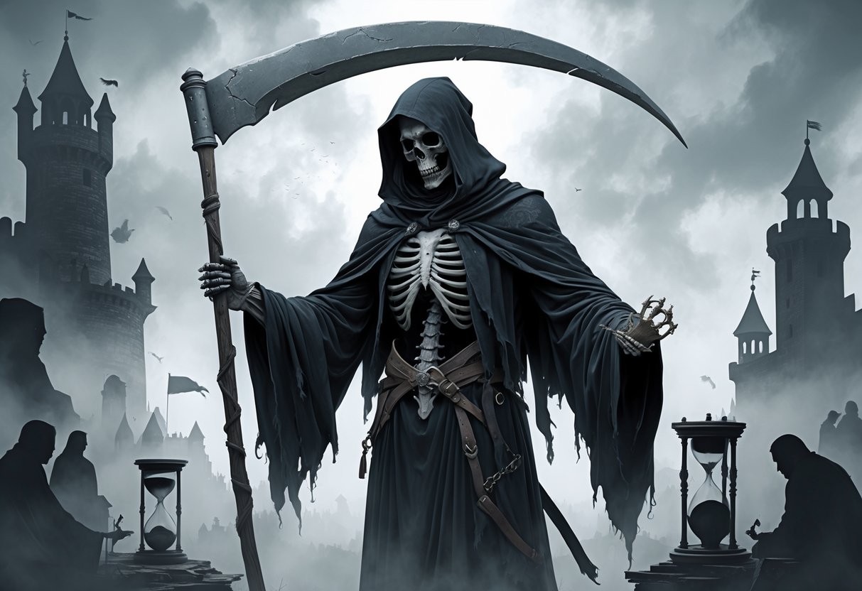 A cloaked Grim Reaper holding a scythe stands surrounded by ghostly images of historical scenes and artifacts, symbolizing its lasting presence through time.