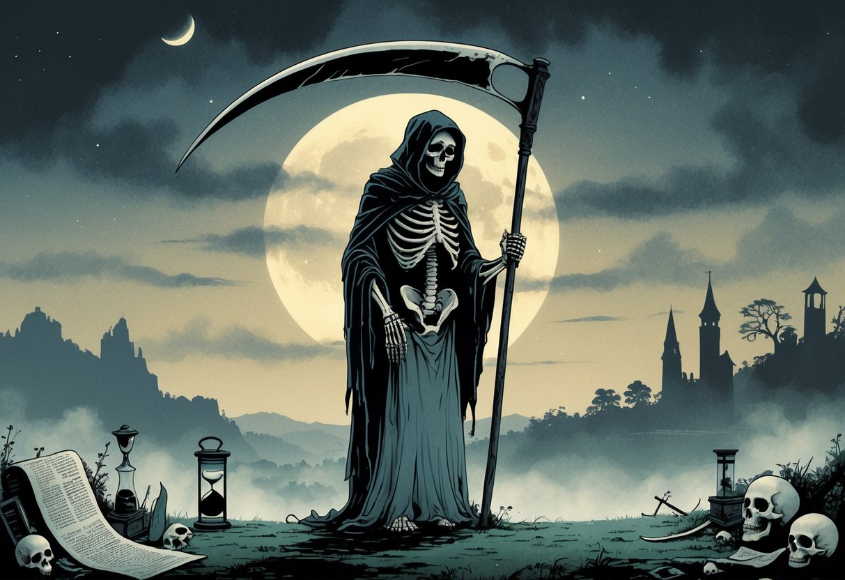 A cloaked skeleton holding a scythe stands in a misty landscape surrounded by historical artifacts like scrolls, hourglasses, and skulls under a twilight sky.