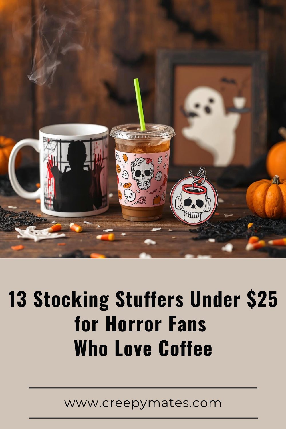 Halloween coffee setup with spooky mug, iced drink in pink skull sleeve, skull keychain, ghost art.