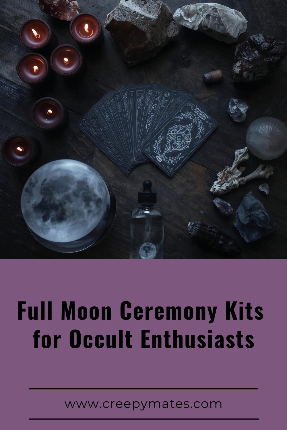 Full moon ritual flat lay with candles, tarot, crystals, Selenite bowl, moon water