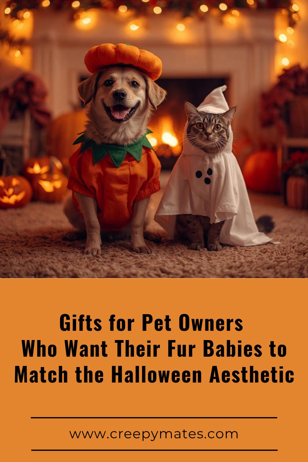 a dog and cat wearing cute pumpkin and ghost costumes.