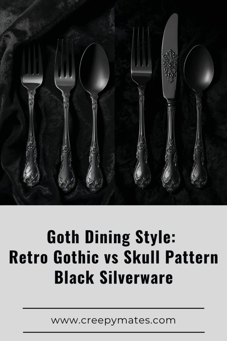 A black gothic silverware including forks, spoons, and a knife on a dark velvet background.