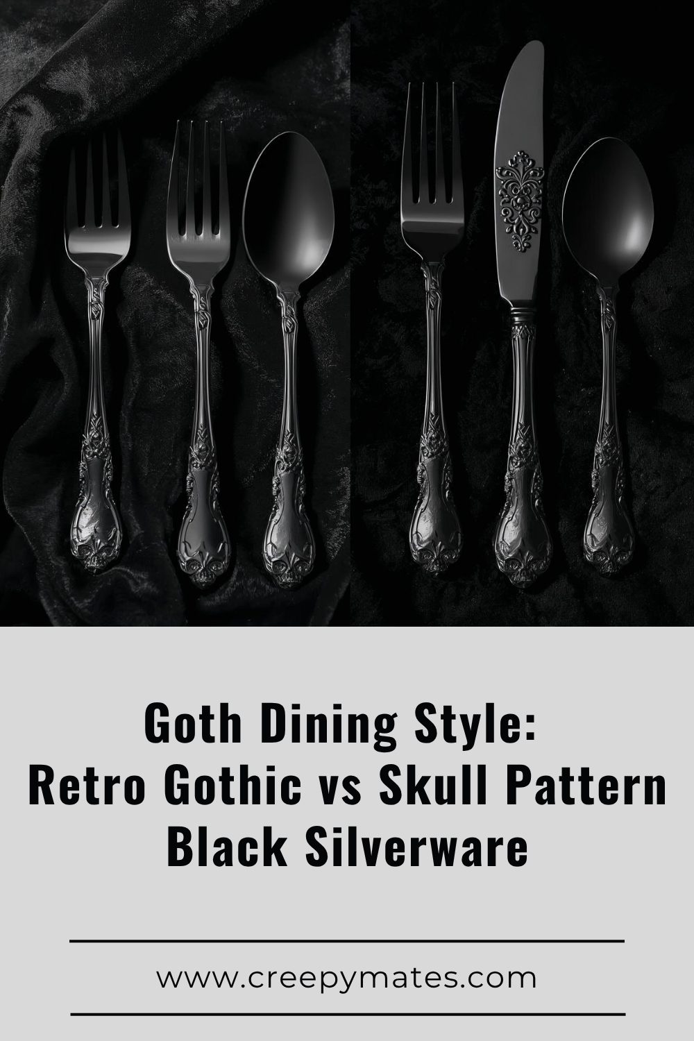 A black gothic silverware including forks, spoons, and a knife on a dark velvet background.