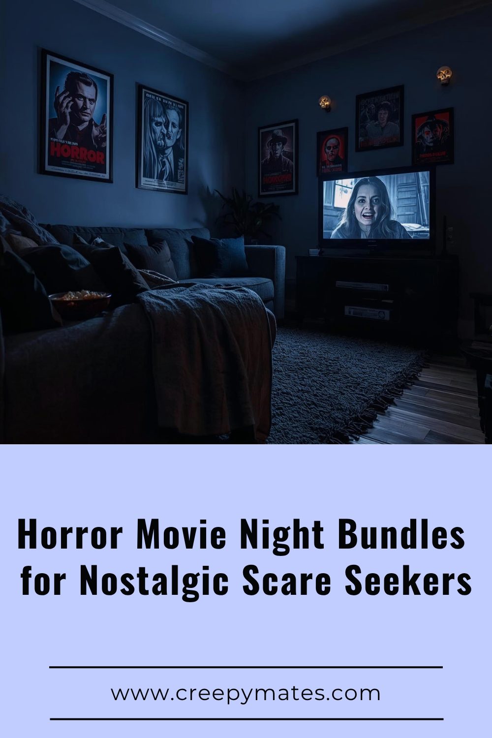 A living room with horror posters, a TV playing a horror movie, and a bowl of popcorn on the sofa.