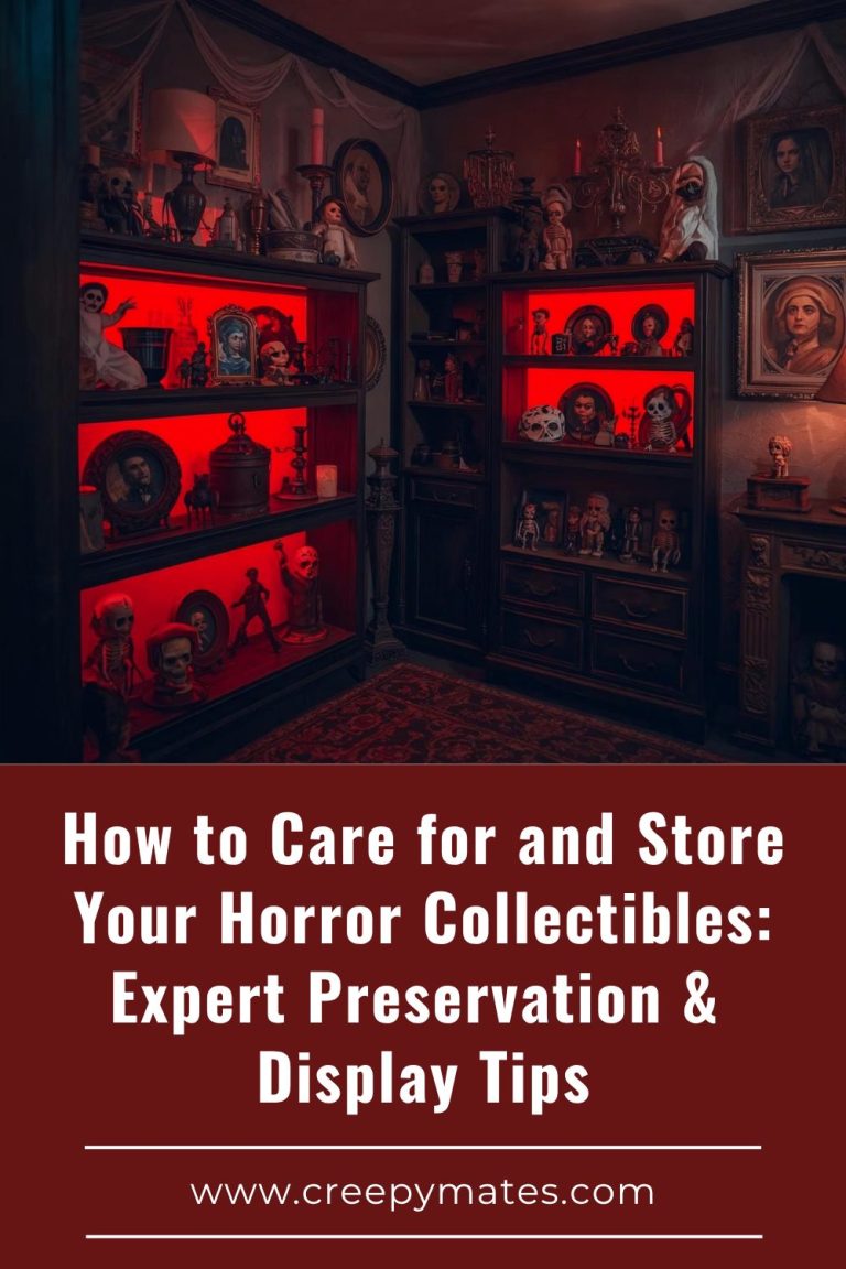 a moody room with neatly arranged horror collectibles on shelves, soft lighting, red LED glow.