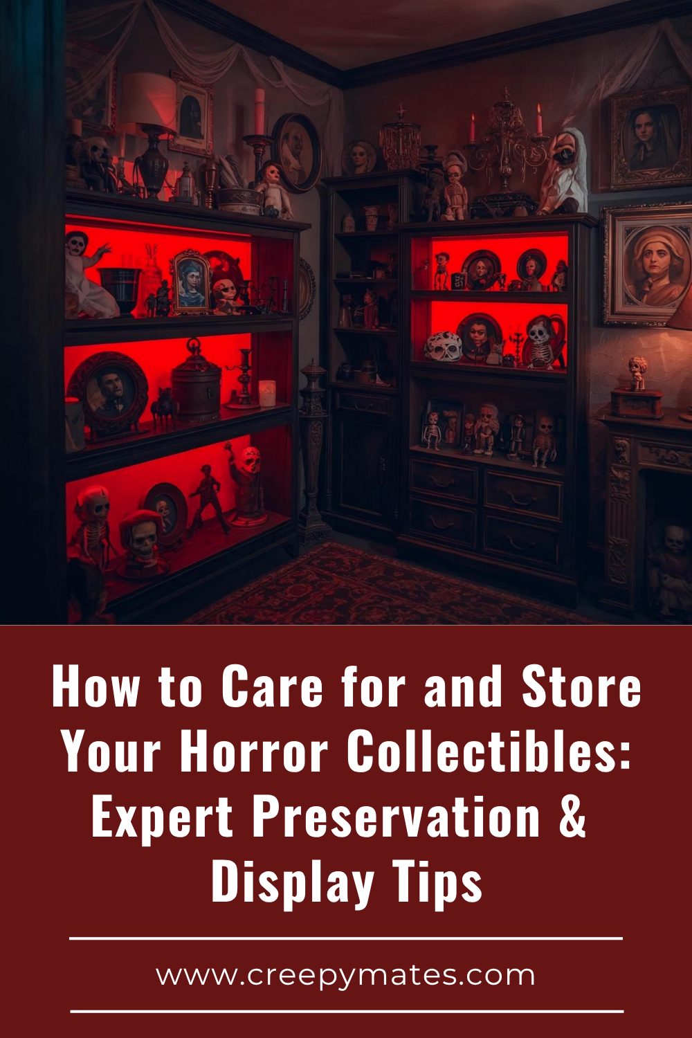 a moody room with neatly arranged horror collectibles on shelves, soft lighting, red LED glow.