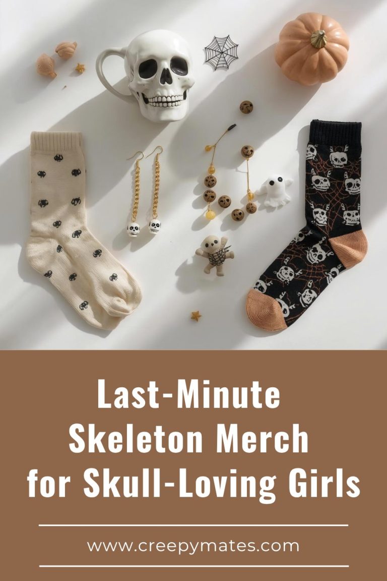 Accessories including skull socks, earrings, pumpkin decor, a skull mug, and small ghost figurines.