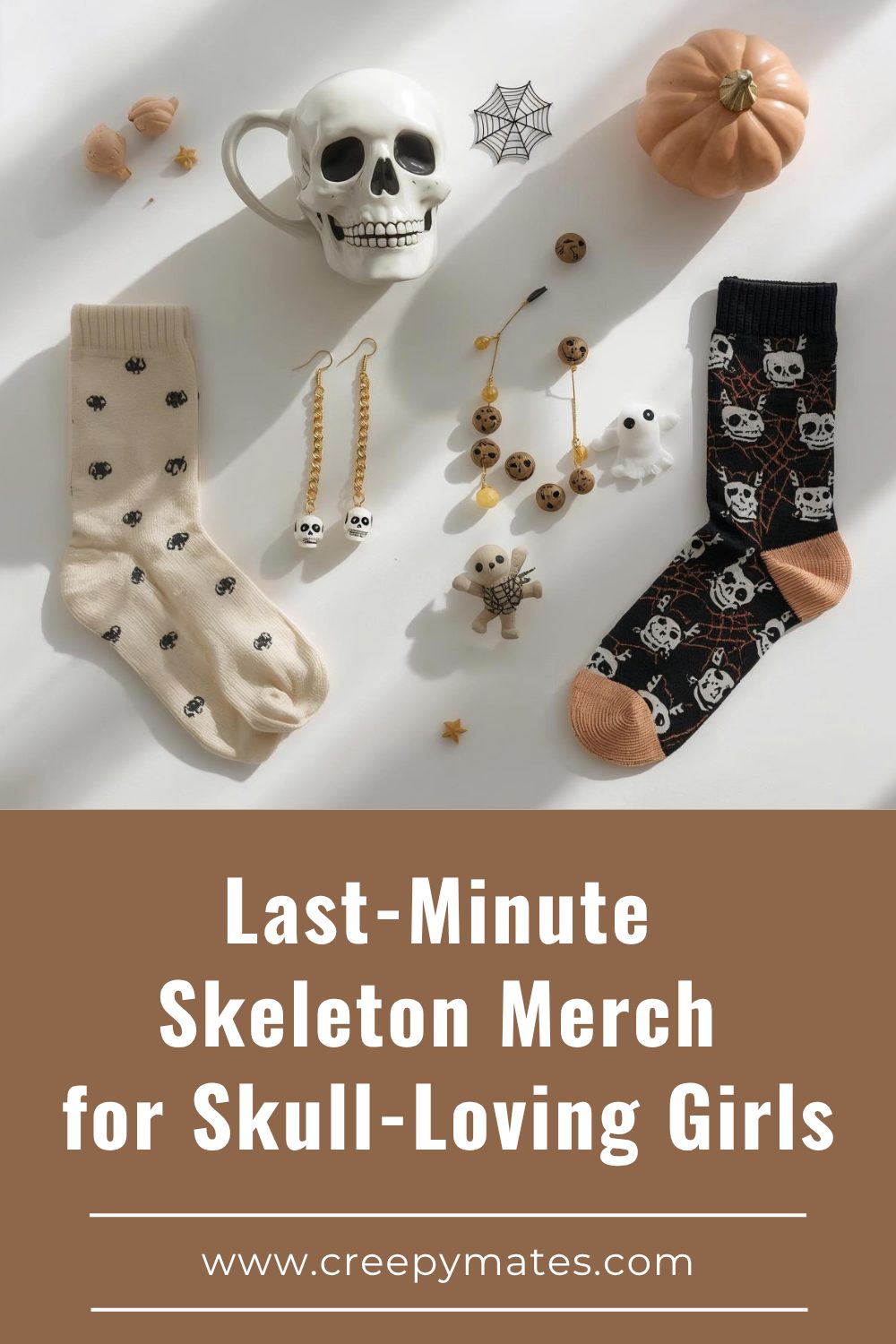 Accessories including skull socks, earrings, pumpkin decor, a skull mug, and small ghost figurines.