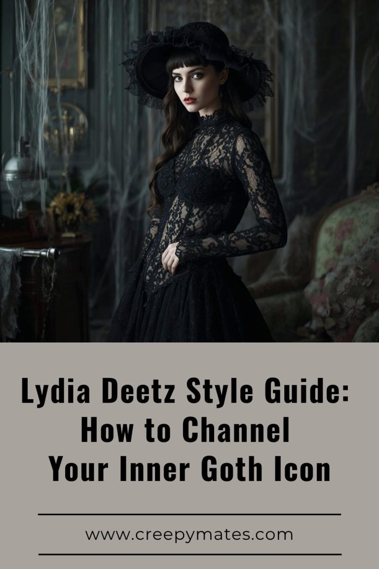 A young woman in a gothic black lace outfit with a wide-brimmed hat stands in a dim vintage room.