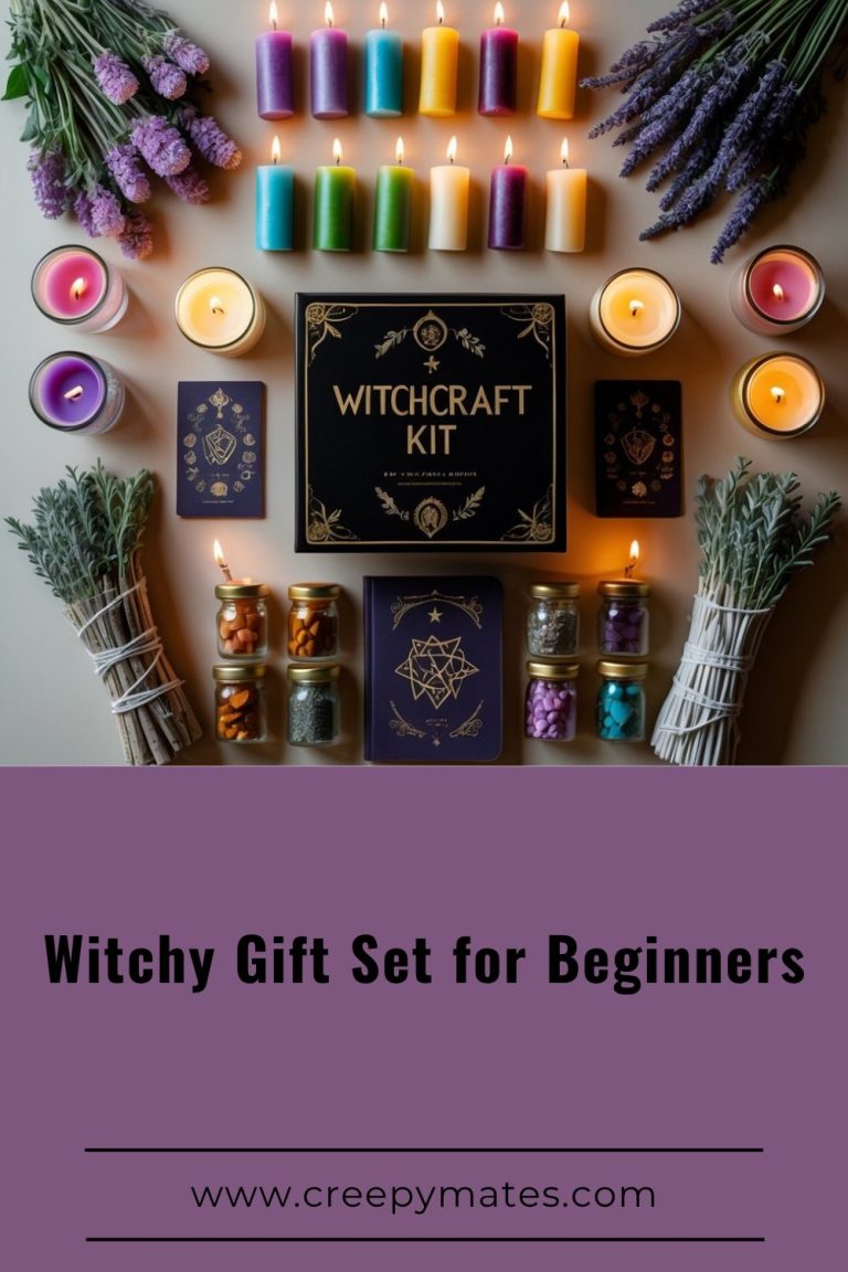 Flat lay of a witchcraft kit with a black box, colorful candles, crystal jars, dried herbs, and notebooks