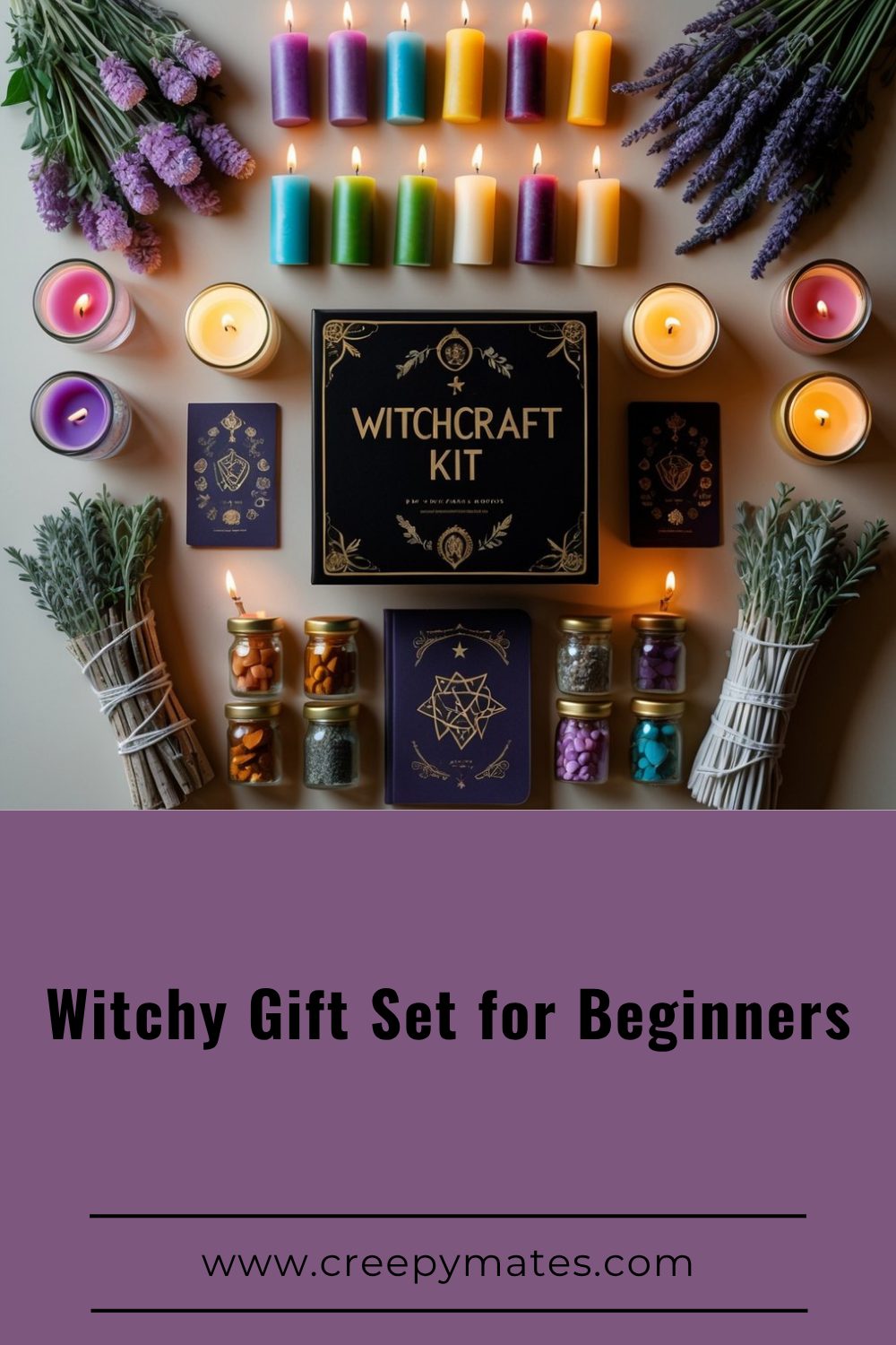 Flat lay of a witchcraft kit with a black box, colorful candles, crystal jars, dried herbs, and notebooks