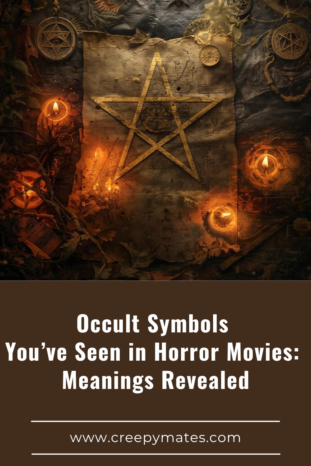 Dark collage with pentagram, all-seeing eye, alchemy symbols, glowing runes, soft candlelight