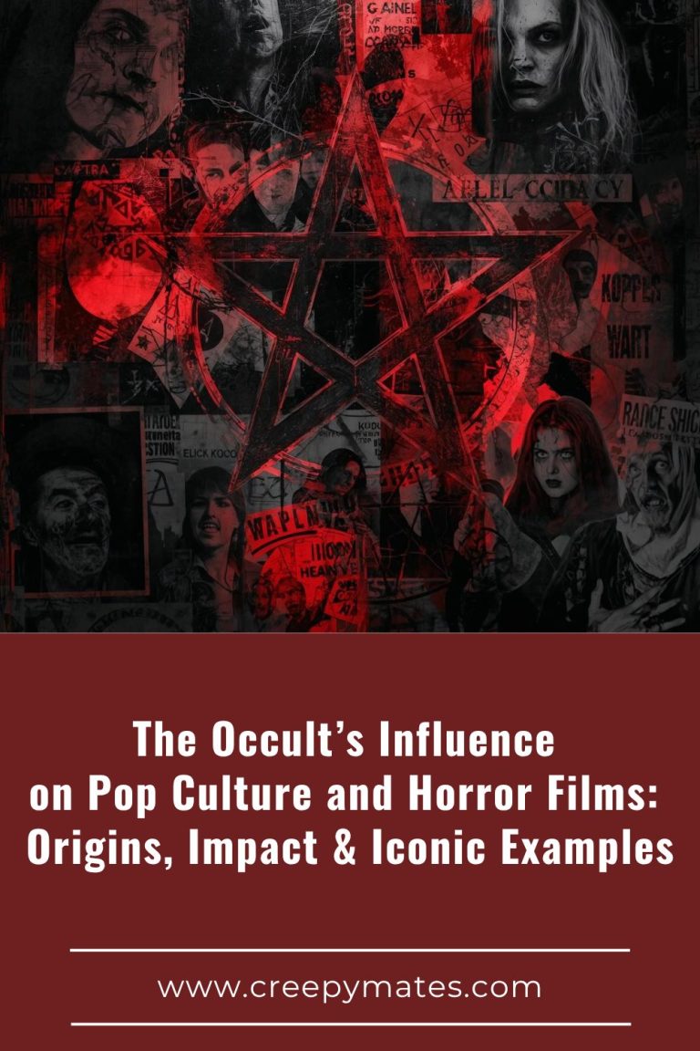 Moody collage of horror film stills, occult symbols, vintage posters, and red lighting