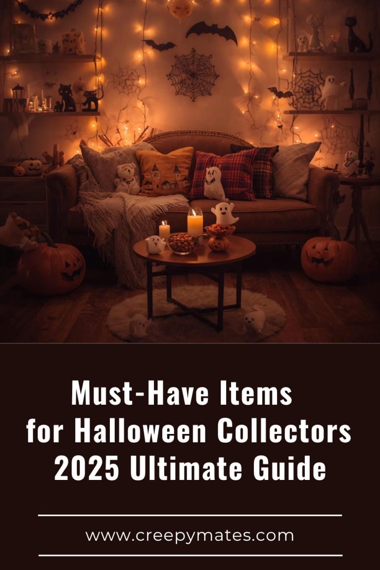 A cozy living room decorated with Halloween lights, pumpkins, ghost figurines, and spiderwebs.