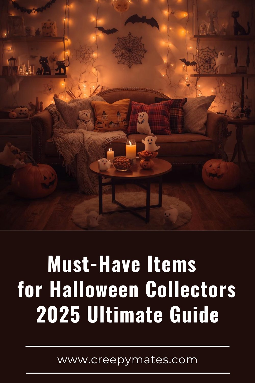 A cozy living room decorated with Halloween lights, pumpkins, ghost figurines, and spiderwebs.