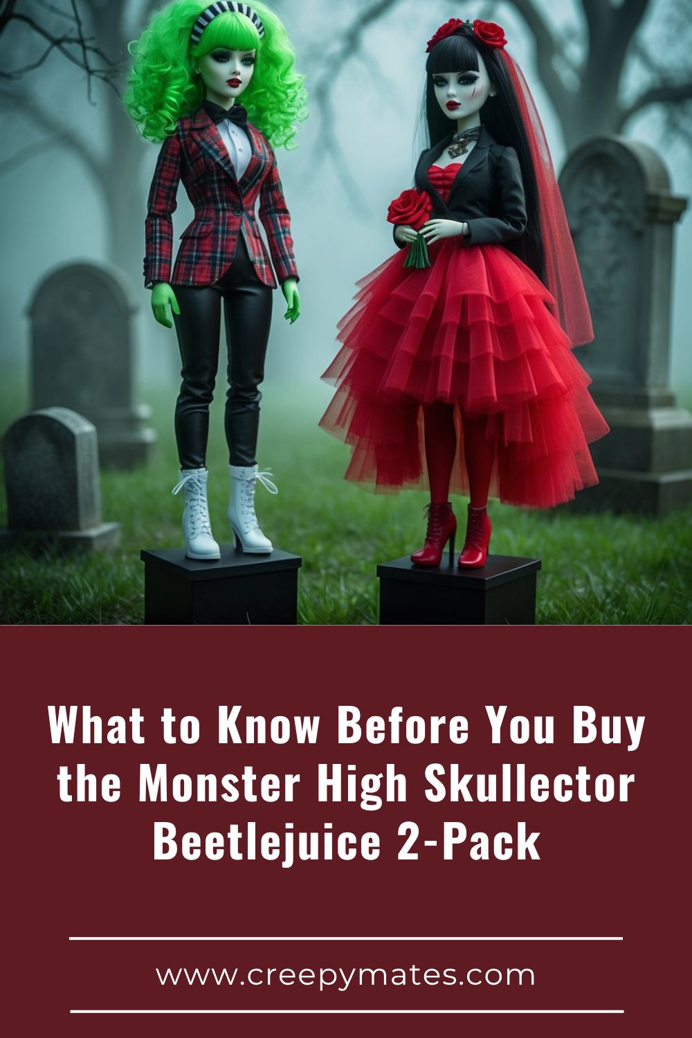 Two gothic-style dolls displayed on black stands in a foggy graveyard.