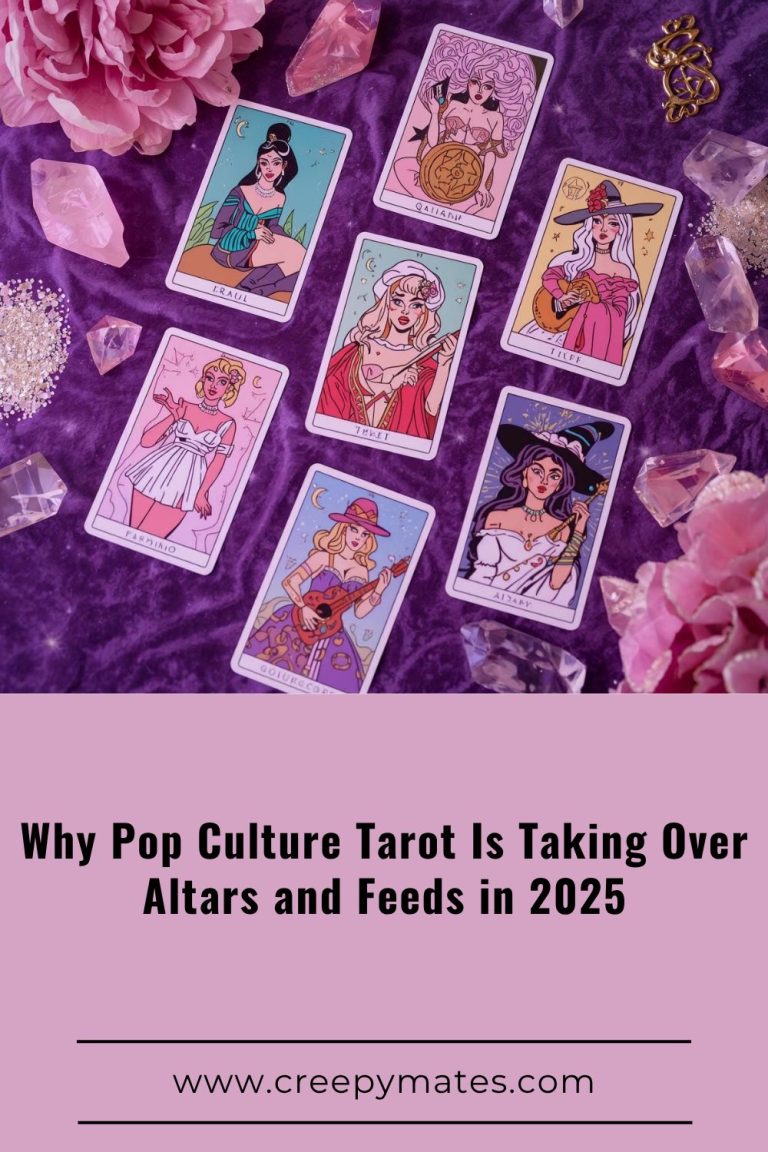 Pop-inspired tarot cards on velvet cloth with crystals and golden mystical light