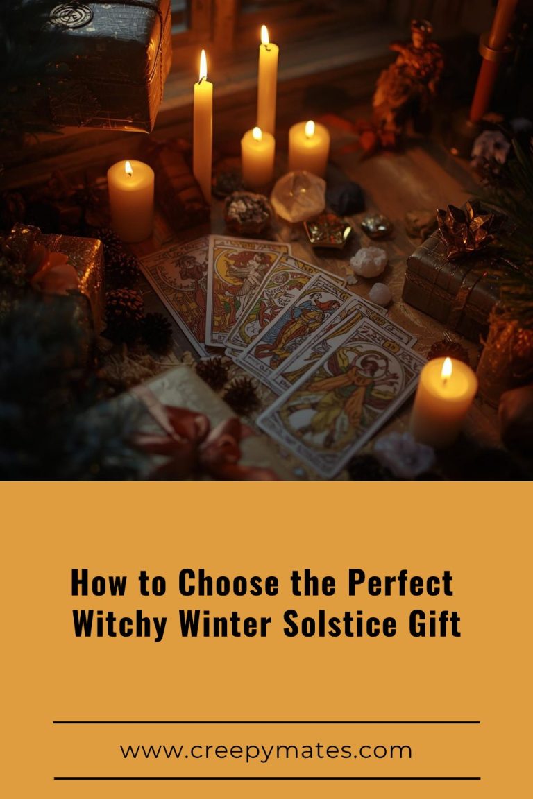 Cozy witchy solstice scene with candles, crystals, tarot, gifts, and soft golden magical light
