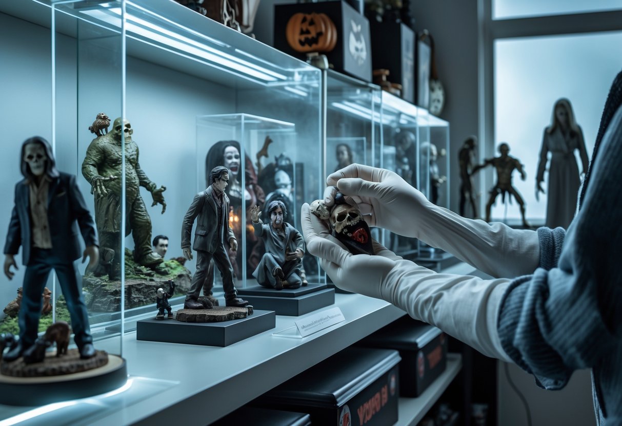 A person wearing gloves carefully handling horror collectible figurines displayed on a shelf with protective cases and storage boxes in the background.
