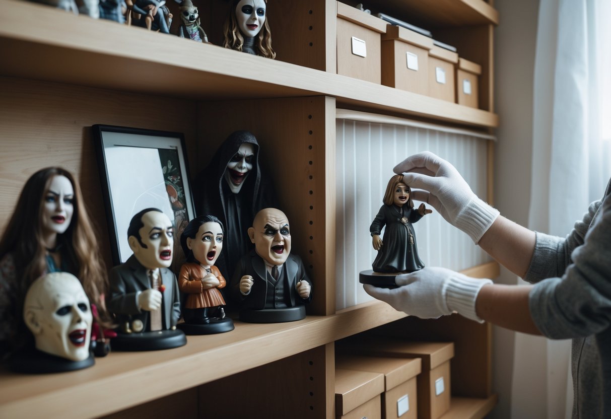 A person wearing gloves carefully handles horror collectibles displayed on shelves with storage boxes nearby.