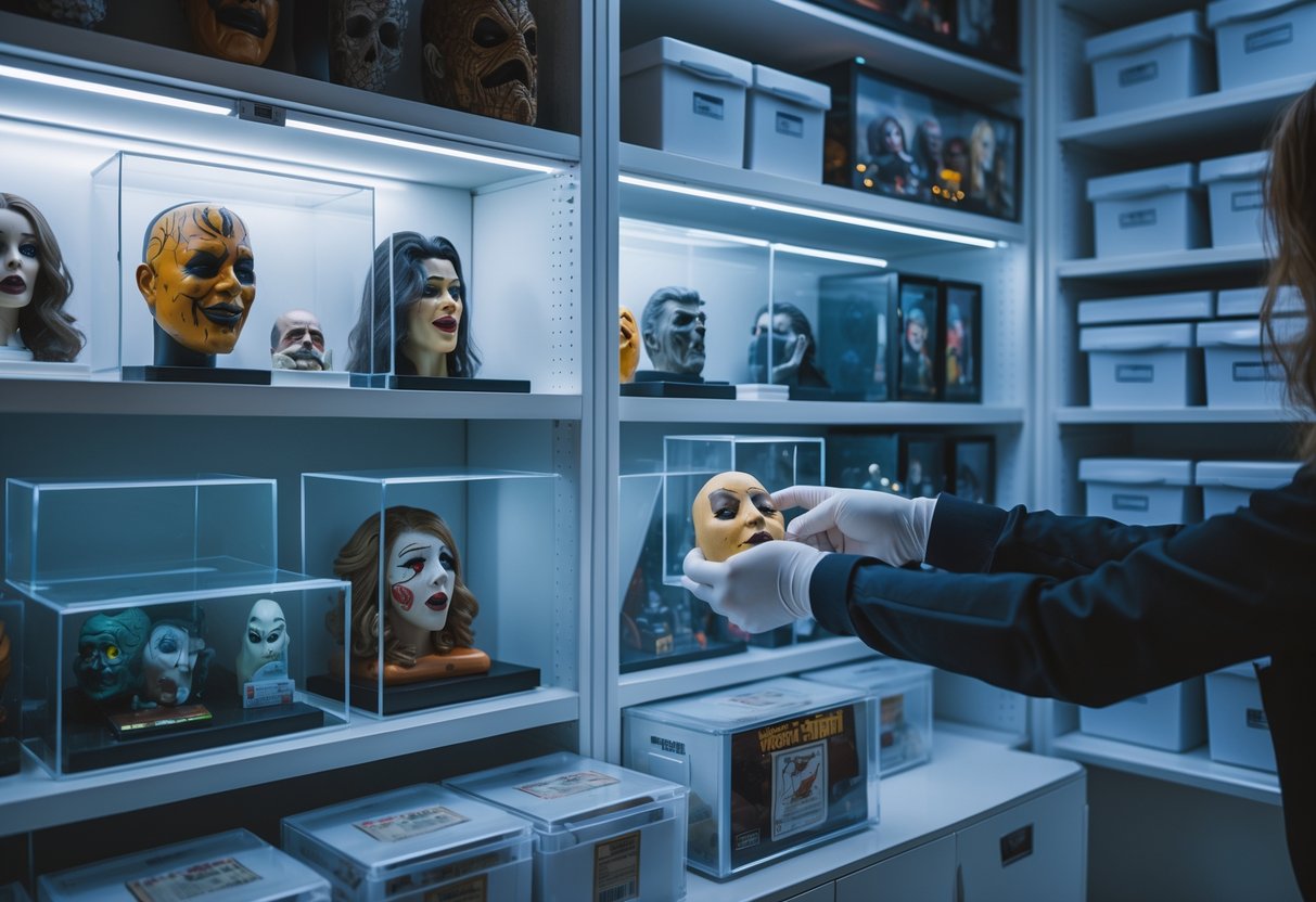 A person wearing white gloves carefully handling horror collectibles displayed on organized shelves and in protective cases.