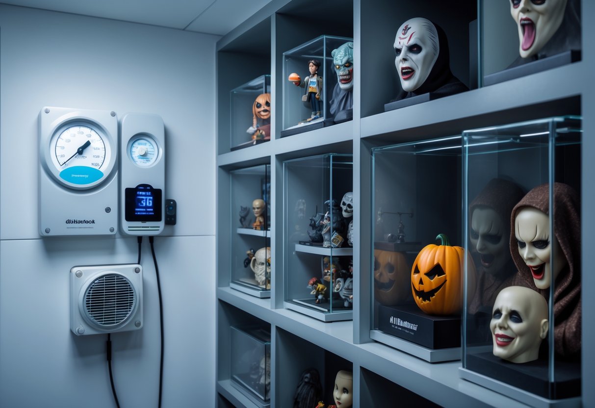 A neatly arranged storage area with horror collectibles displayed in cases, showing environmental control devices like a hygrometer and thermometer on the wall.