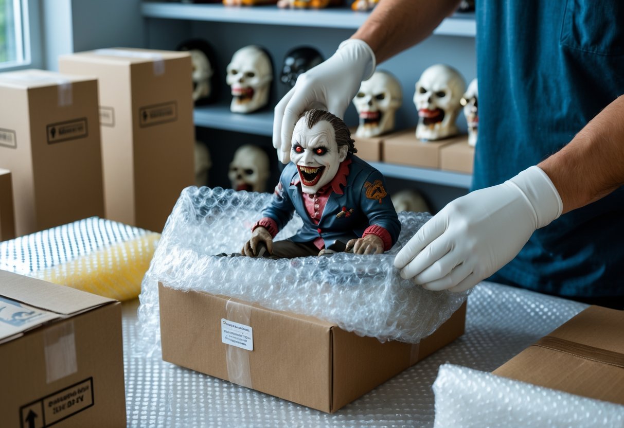 A person wrapping a detailed horror figurine in bubble wrap on a clean workspace with packing materials and storage boxes nearby.