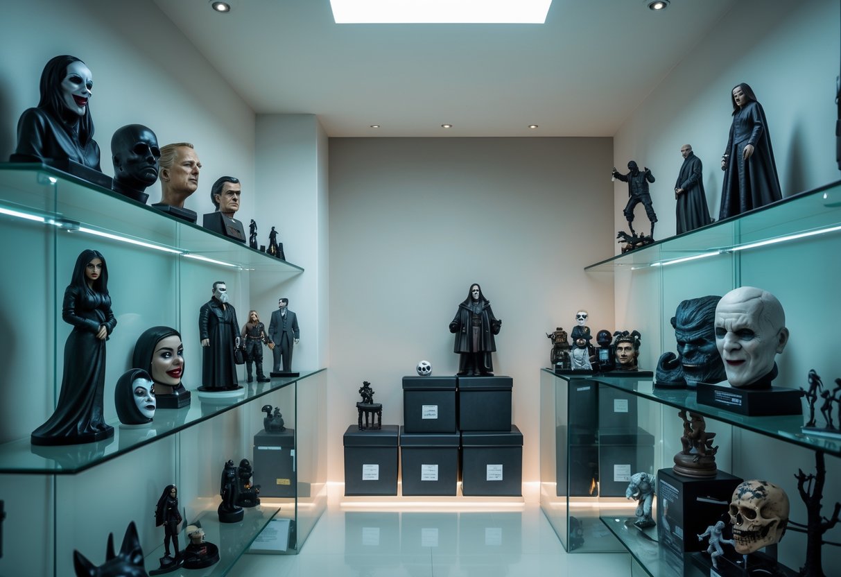 A neatly arranged collection of horror figurines and memorabilia displayed on glass shelves in a clean room with protective storage boxes nearby.