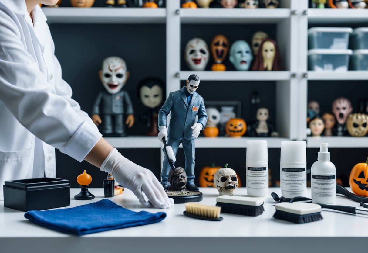 A person wearing white gloves carefully cleaning horror collectible figures on a tidy table with shelves of horror memorabilia in the background.
