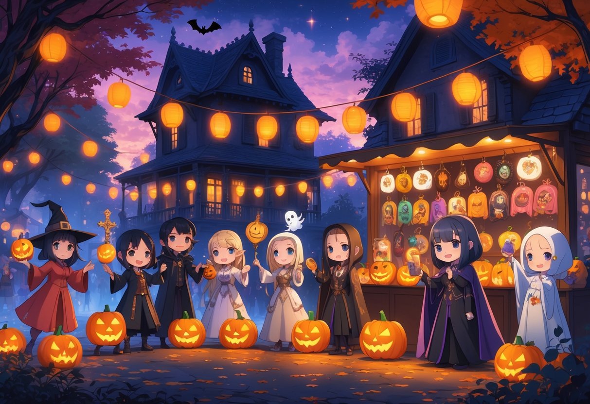 A lively Halloween festival scene with people in costumes holding collectible items in front of a haunted mansion at dusk.